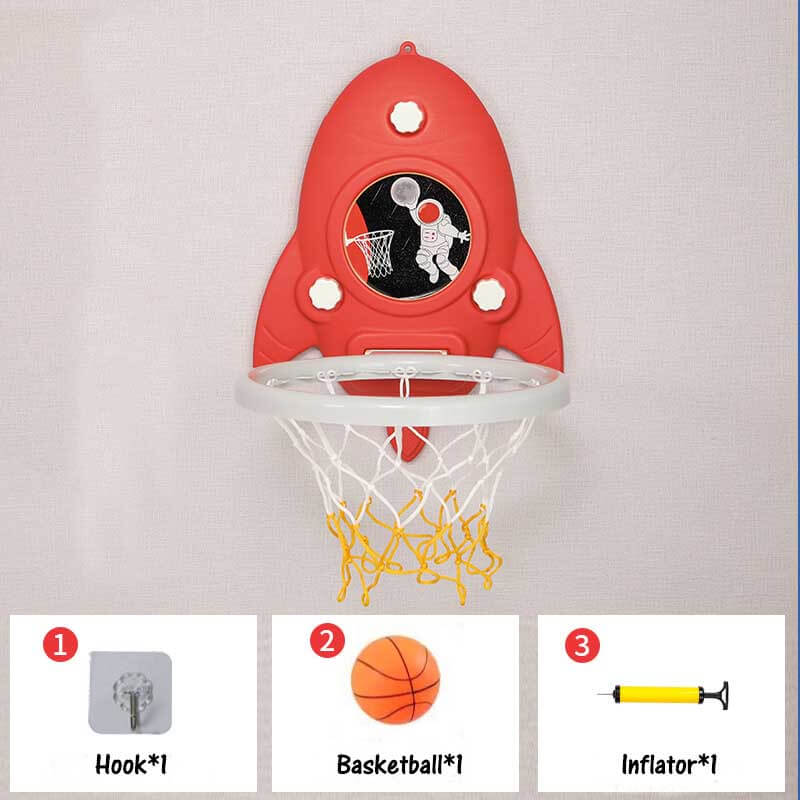 Kids' red & blue mini basketball hoop with net, showing its adjustable height feature for young players.