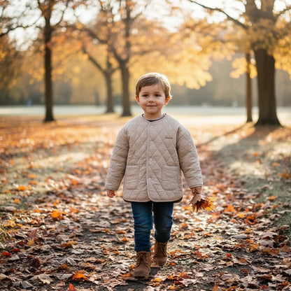 Children's navy blue quilted coat with snap button closure, warm winter jacket for baby apparel