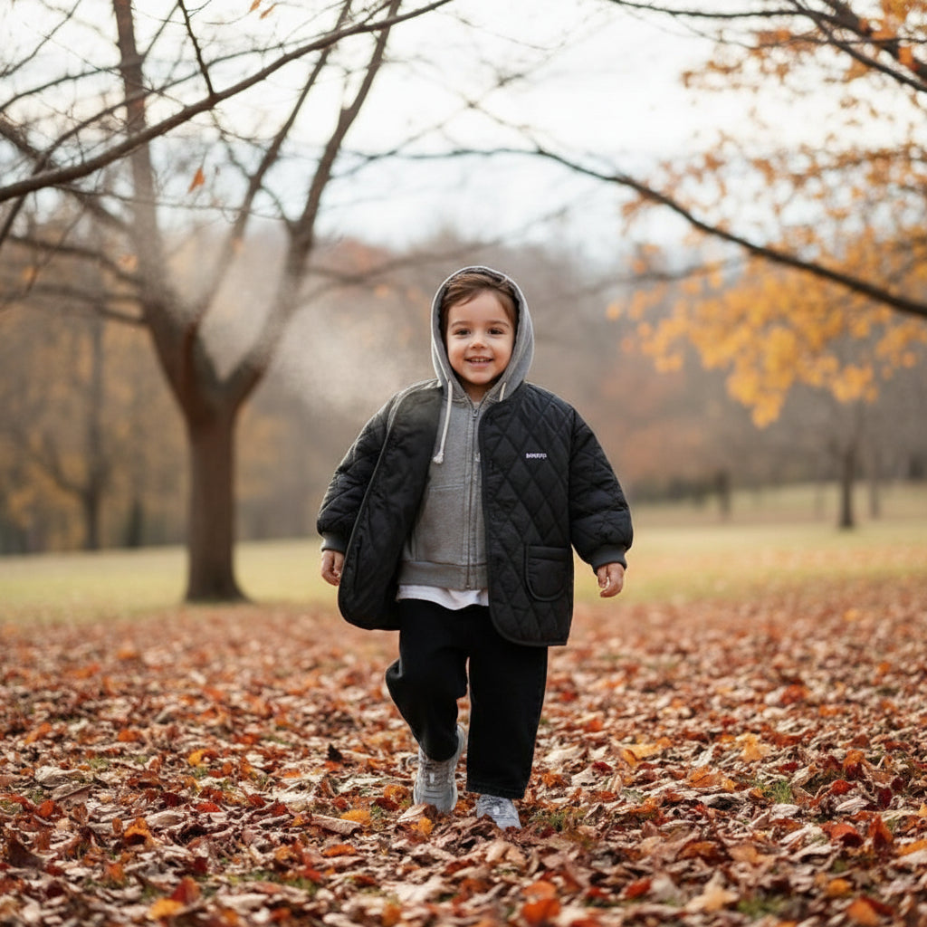 Green plaid quilted jacket for children, snap button coat, stylish fall outerwear for toddlers