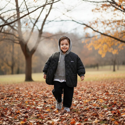 Green plaid quilted jacket for children, snap button coat, stylish fall outerwear for toddlers