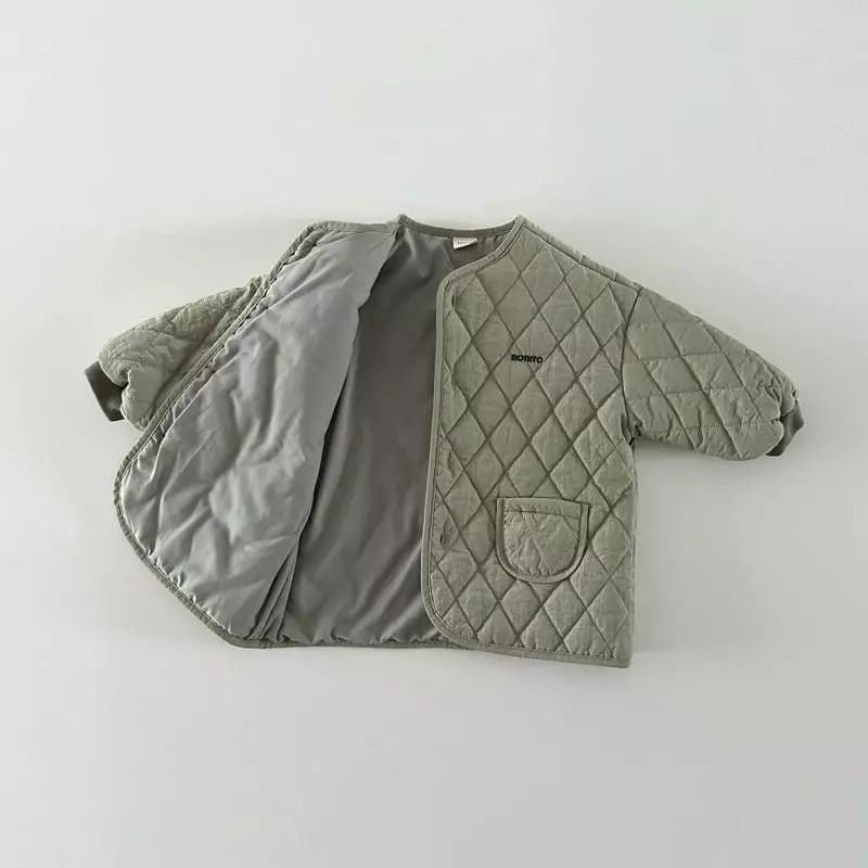 Back view of a checkered quilted children's coat with snap buttons, durable kids outerwear