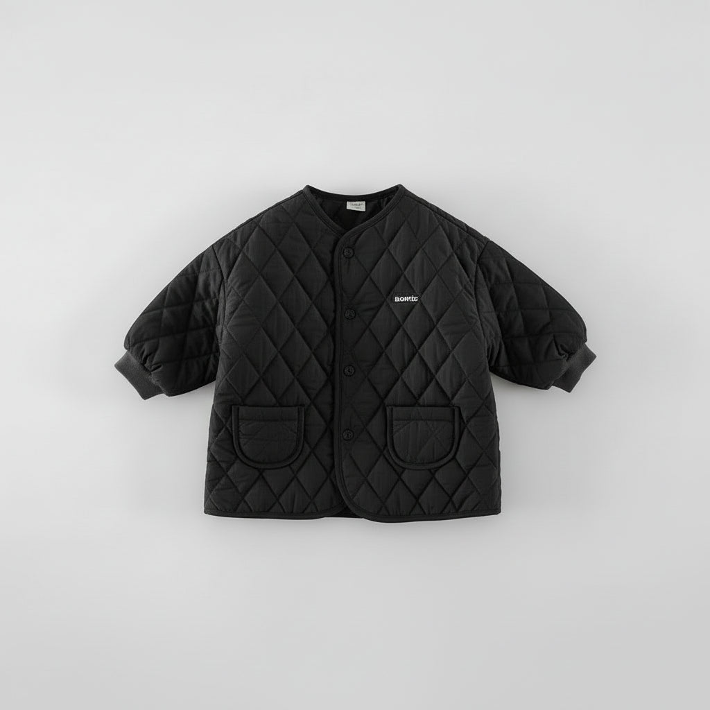 Grey checkered quilted jacket for children, snap button front, perfect for fall and winter