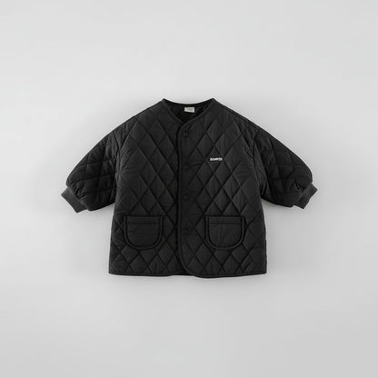Grey checkered quilted jacket for children, snap button front, perfect for fall and winter