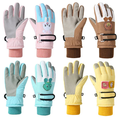 Red children's waterproof ski gloves, perfect for warm winter outdoor play & snow gear.