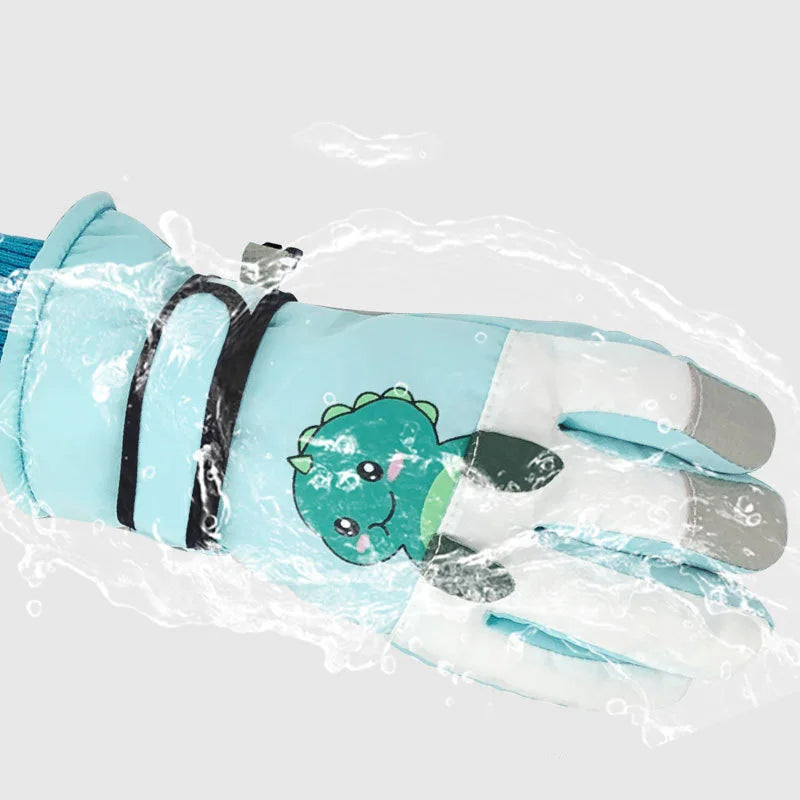 Pink children's waterproof ski gloves with adjustable strap for snug winter fit.