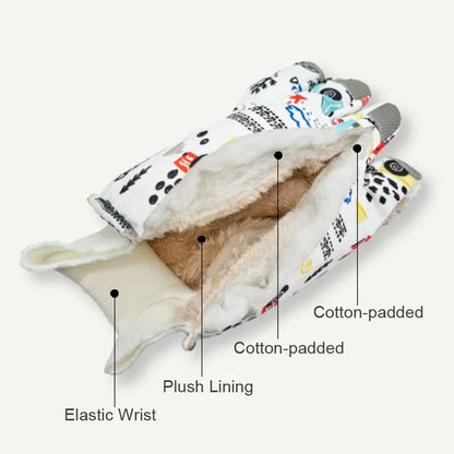 Close-up of waterproof fabric on children's ski gloves, ensuring warm winter play.