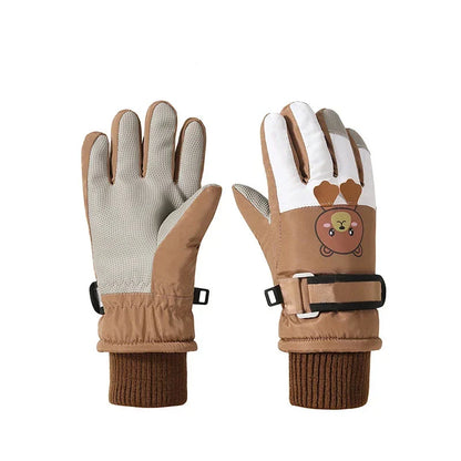 Children's waterproof ski gloves in various colors, durable winter apparel for kids.
