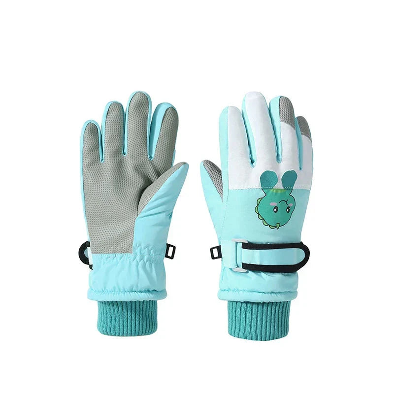 Ergonomic design of kids' waterproof ski gloves, providing warmth for winter activities.
