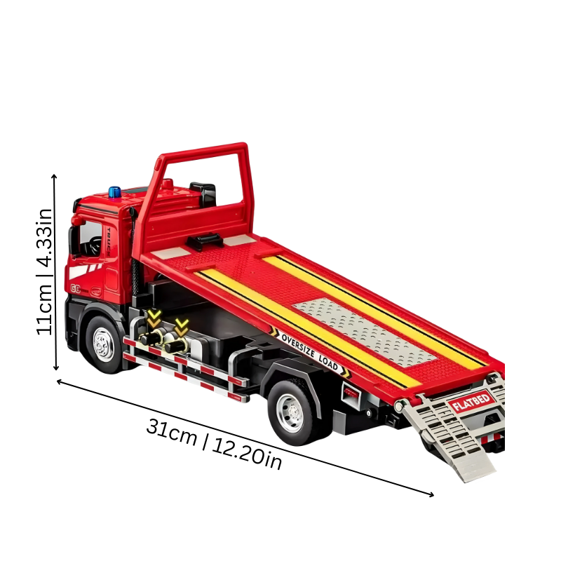 Interactive kids' die-cast tow truck playset, featuring bright lights, engine sounds, and a tow hook.
