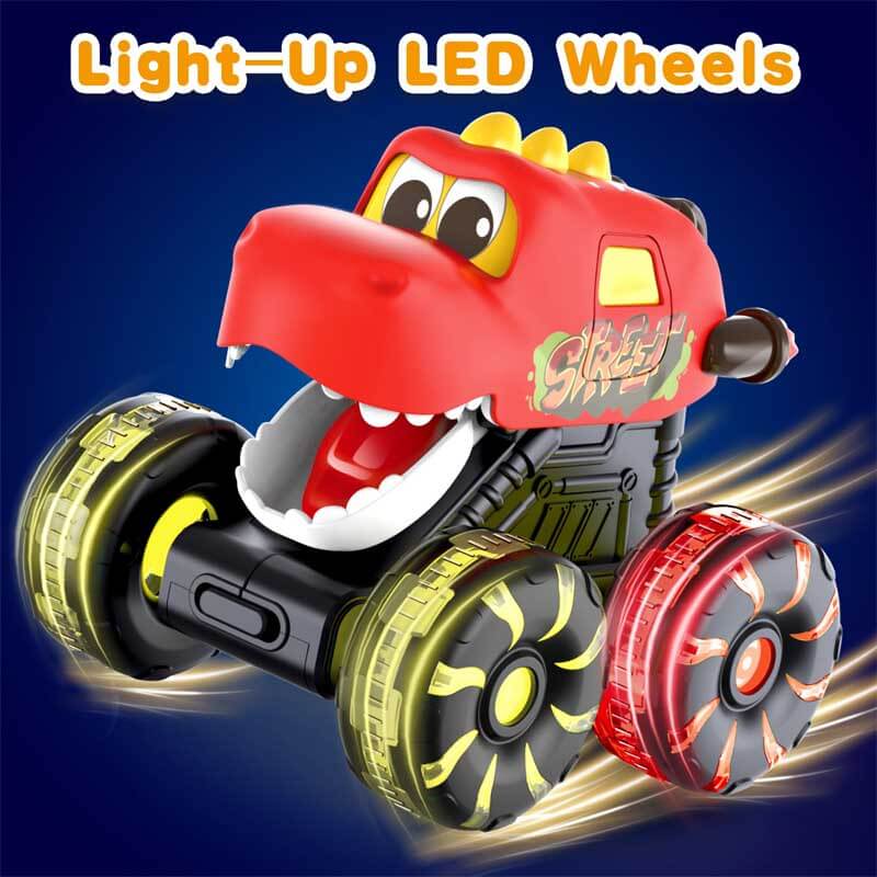 Green dino monster truck toy with large LED wheels, a fun push-and-go educational play vehicle
