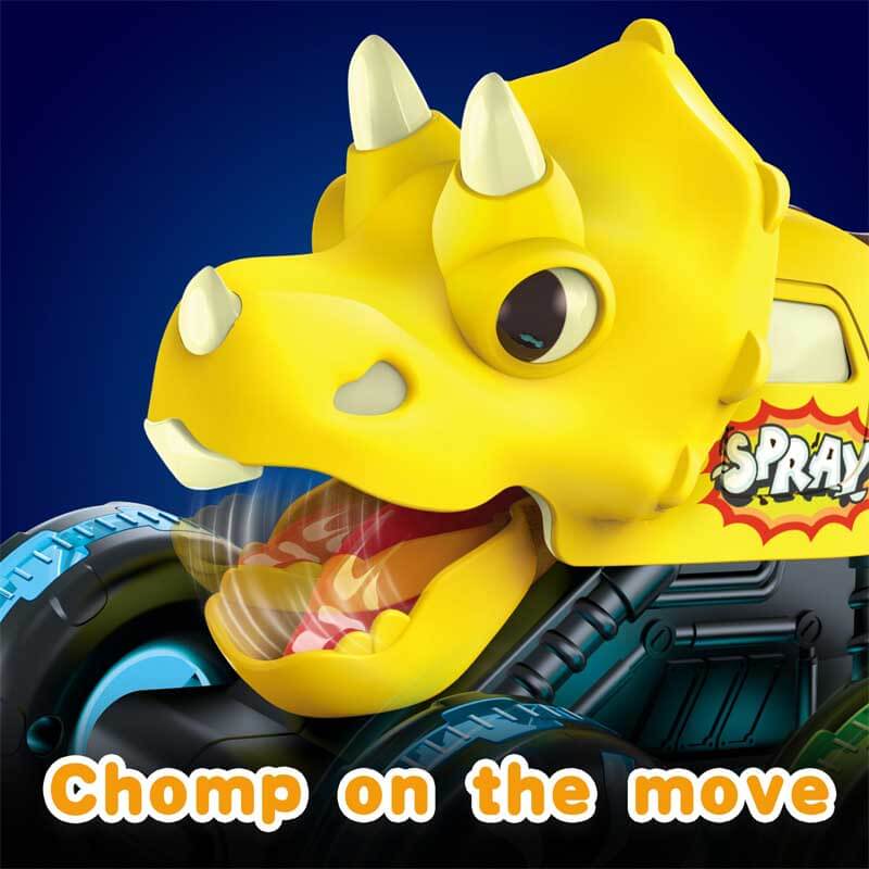 Set of two kids' dinosaur monster trucks, push-and-go toys with colorful LED light-up wheels