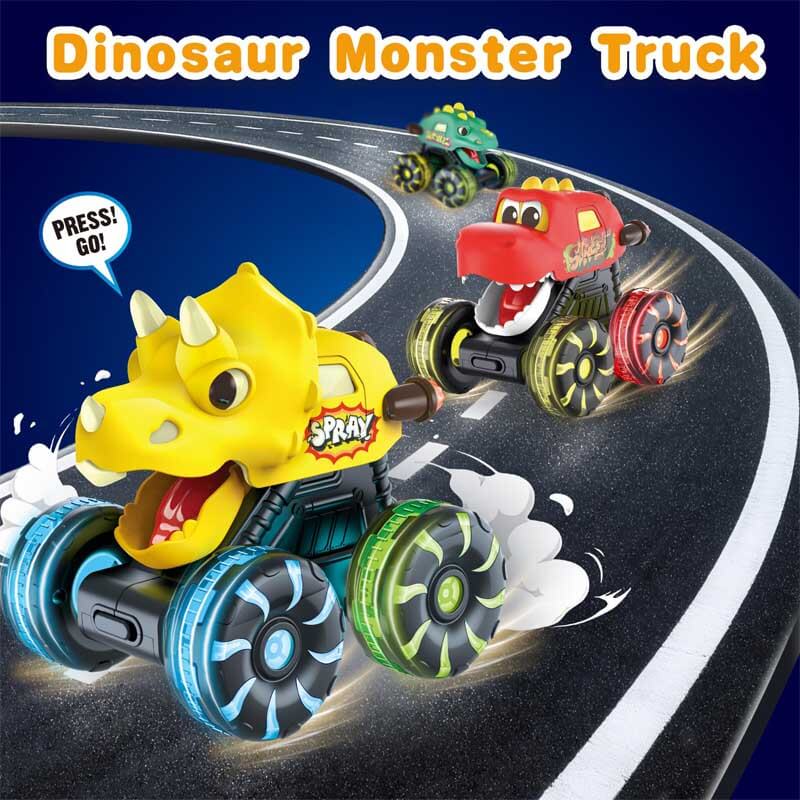 Blue dinosaur monster truck toy featuring glowing LED wheels, an exciting gift for kids