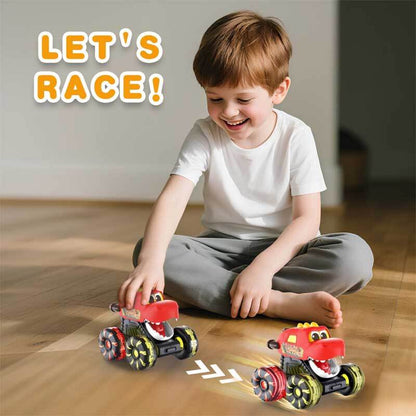 Close-up of a vibrant monster truck dino toy with bright LED light-up wheels, for active play