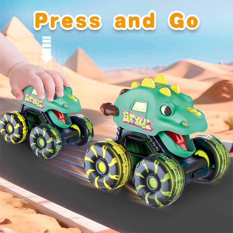 Kids playing with push-and-go dinosaur monster trucks, showing LED wheels in motion, educational toy
