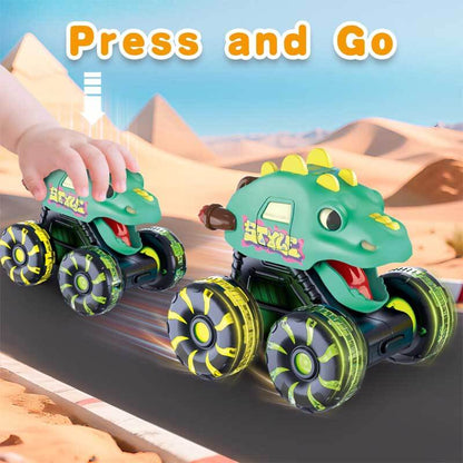 Kids playing with push-and-go dinosaur monster trucks, showing LED wheels in motion, educational toy