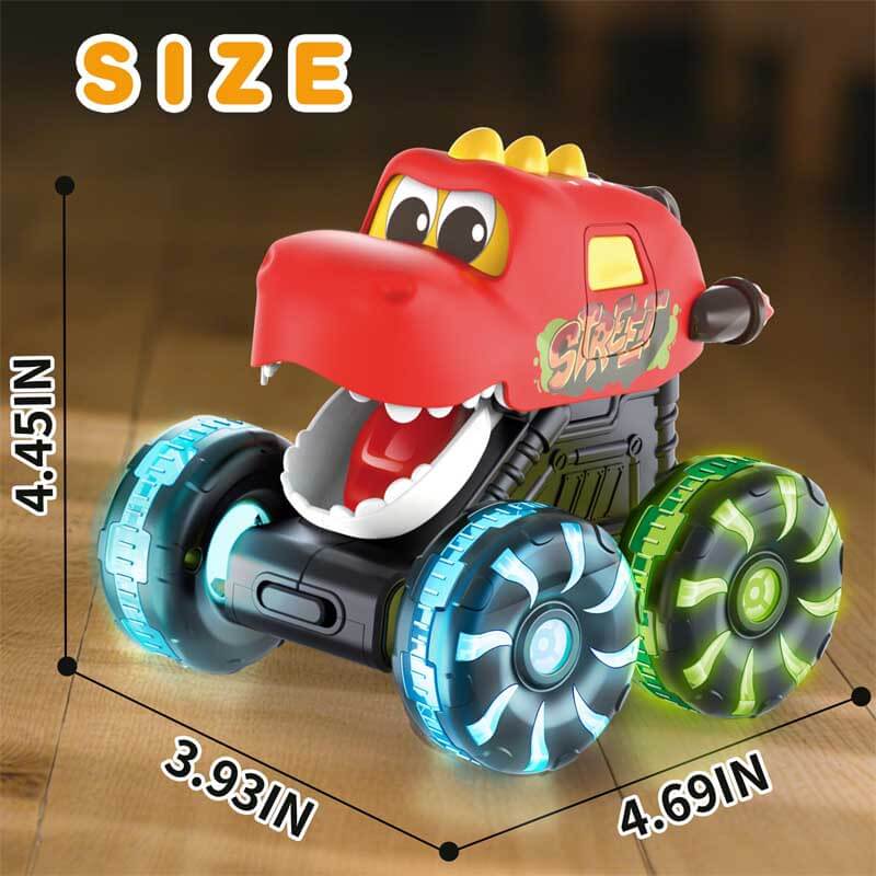 Gift box featuring a dinosaur monster truck toy with LED wheels, ideal for boys and toddlers