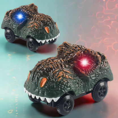 Red dinosaur racing car toy with roaring sound, perfect for kids' imaginative play and motor skill development.