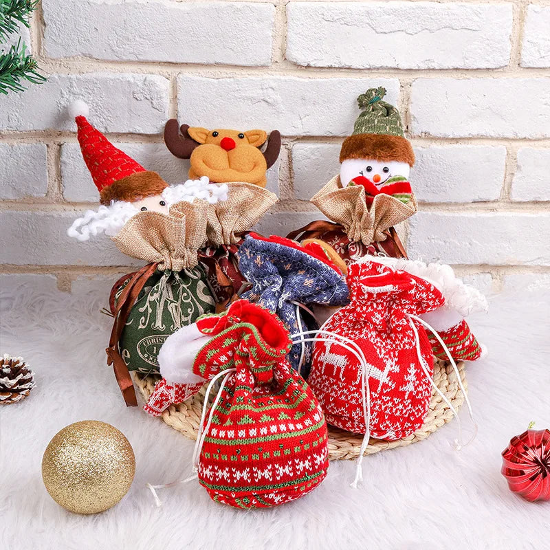 Assortment of vibrant Christmas drawstring bags, perfect for festive wrapping and holiday decor