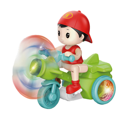 Close-up of a vibrant electric kids' biker toy, showcasing lights and sound features for engaging play.