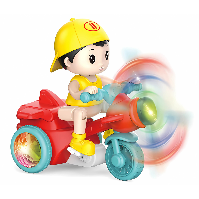 Toddler playing with an electric biker toy, highlighting its interactive features and bright colors.