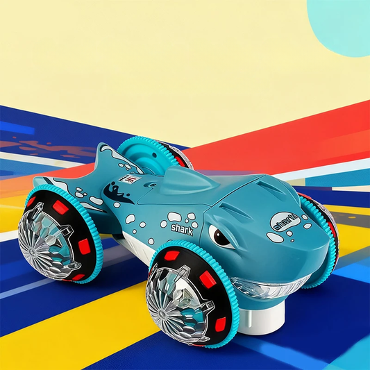 Red electric shark scooter toy for kids with lights and sounds, perfect for active toddler play.