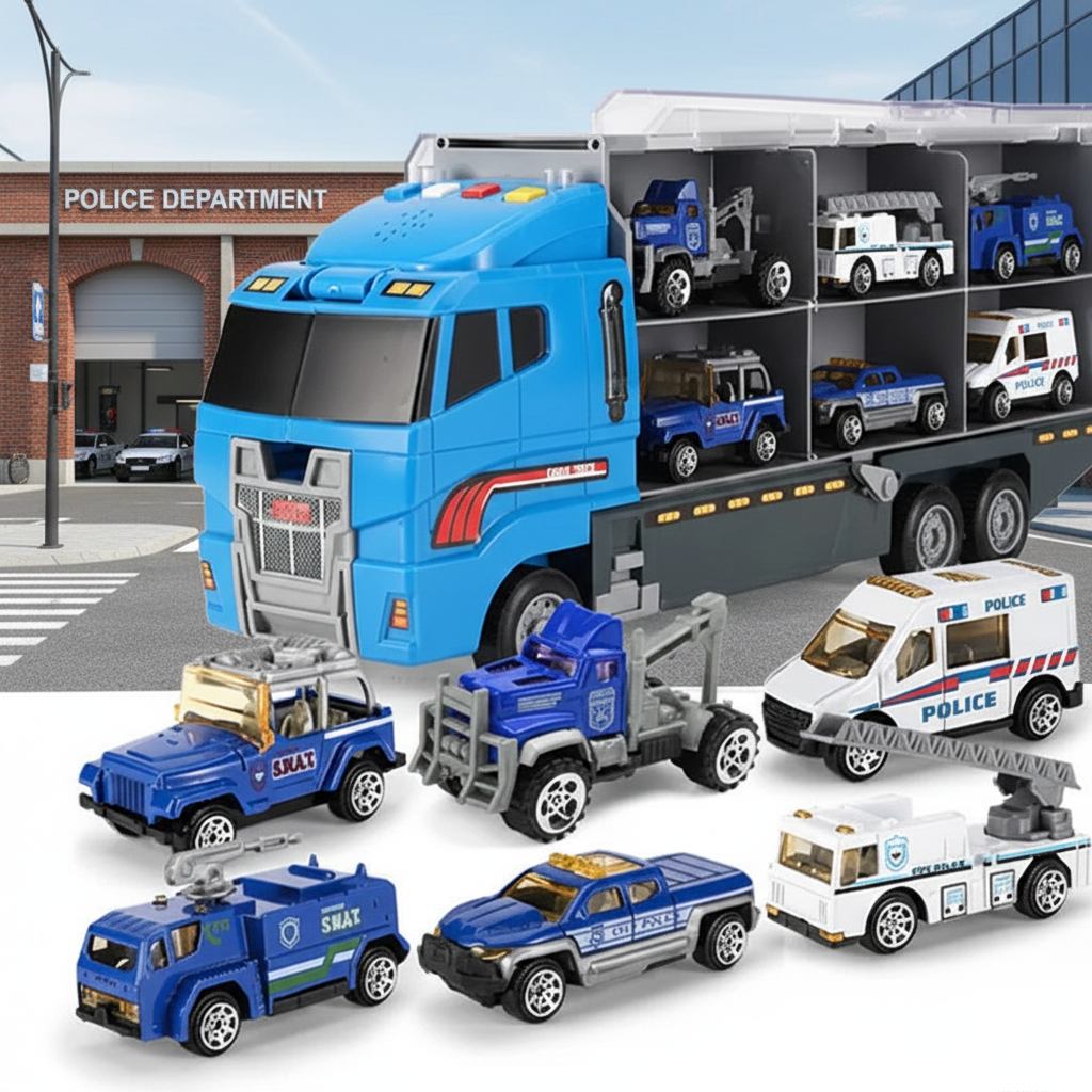 Close-up of kids' toy vehicle with interactive lights and sounds; durable ABS plastic, educational