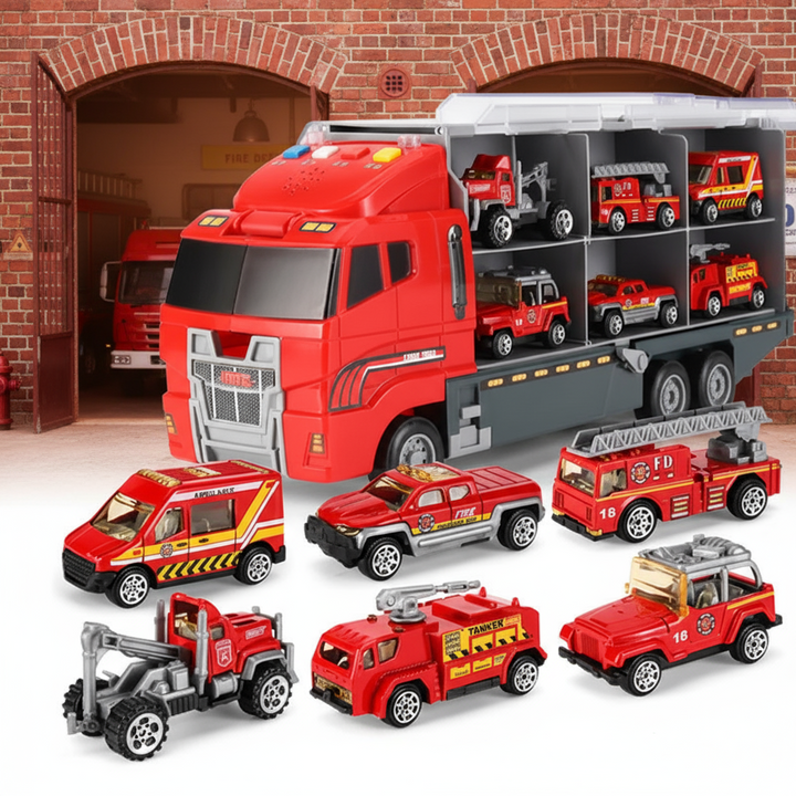 Toy fire truck, construction, military & rescue vehicles for kids; realistic lights, sounds, ABS