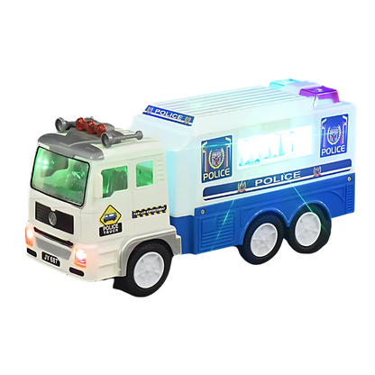 Close-up of flashing blue light on a police vehicle toy, enhancing kids' sound & light play