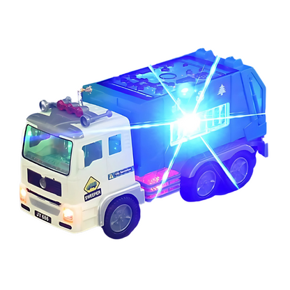 Toddler playing happily with a sound-making fire truck toy, encouraging imaginative rescue scenarios