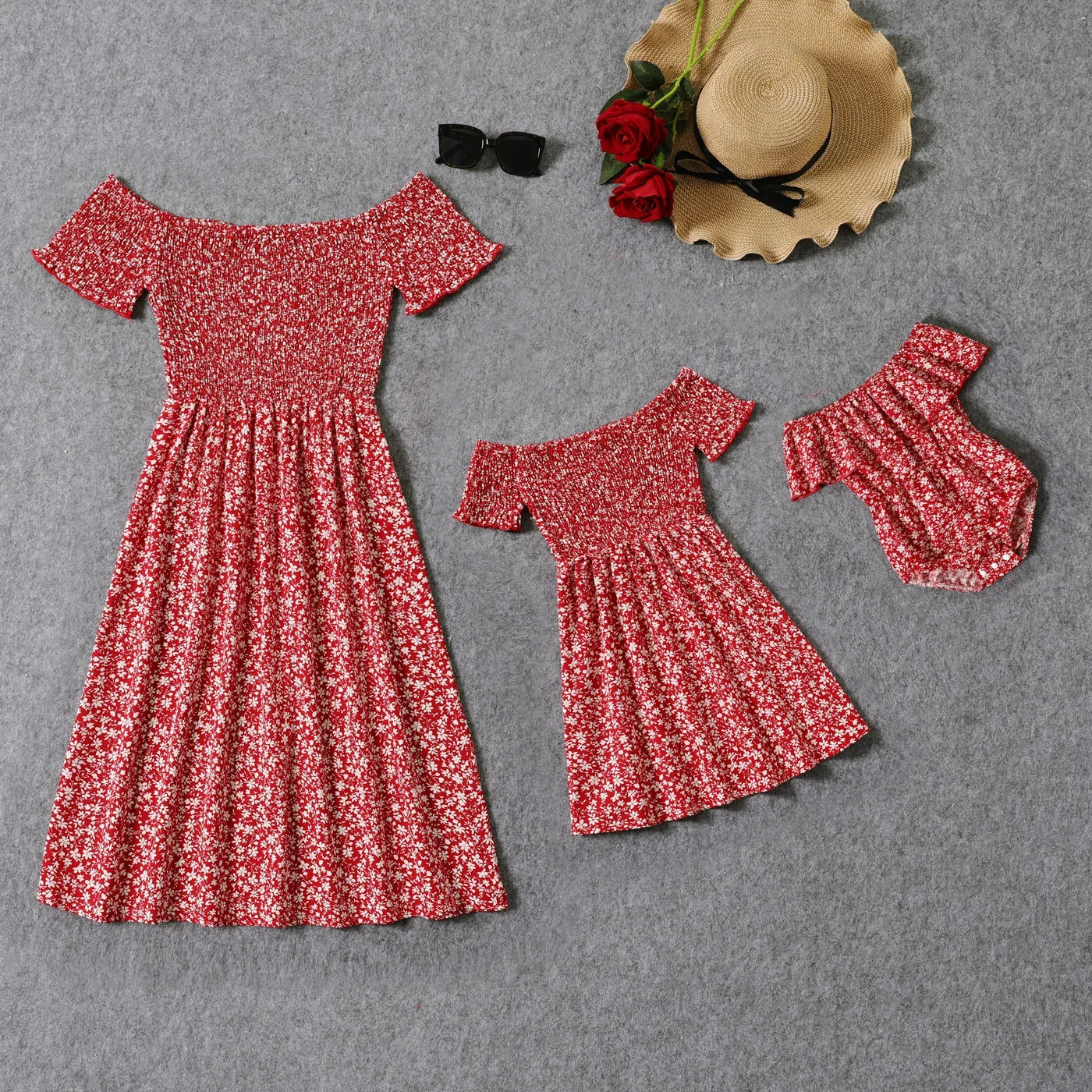 Red floral off-shoulder shirred women's knee-length dress for summer casual wear