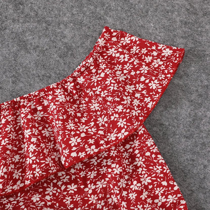 Matching red floral off-shoulder shirred dresses for family, soft polyester spandex