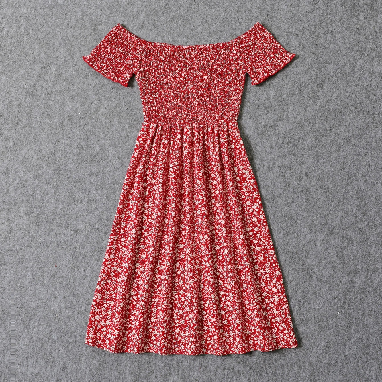 Family matching mom and daughter red floral off-shoulder shirred dresses polyester spandex
