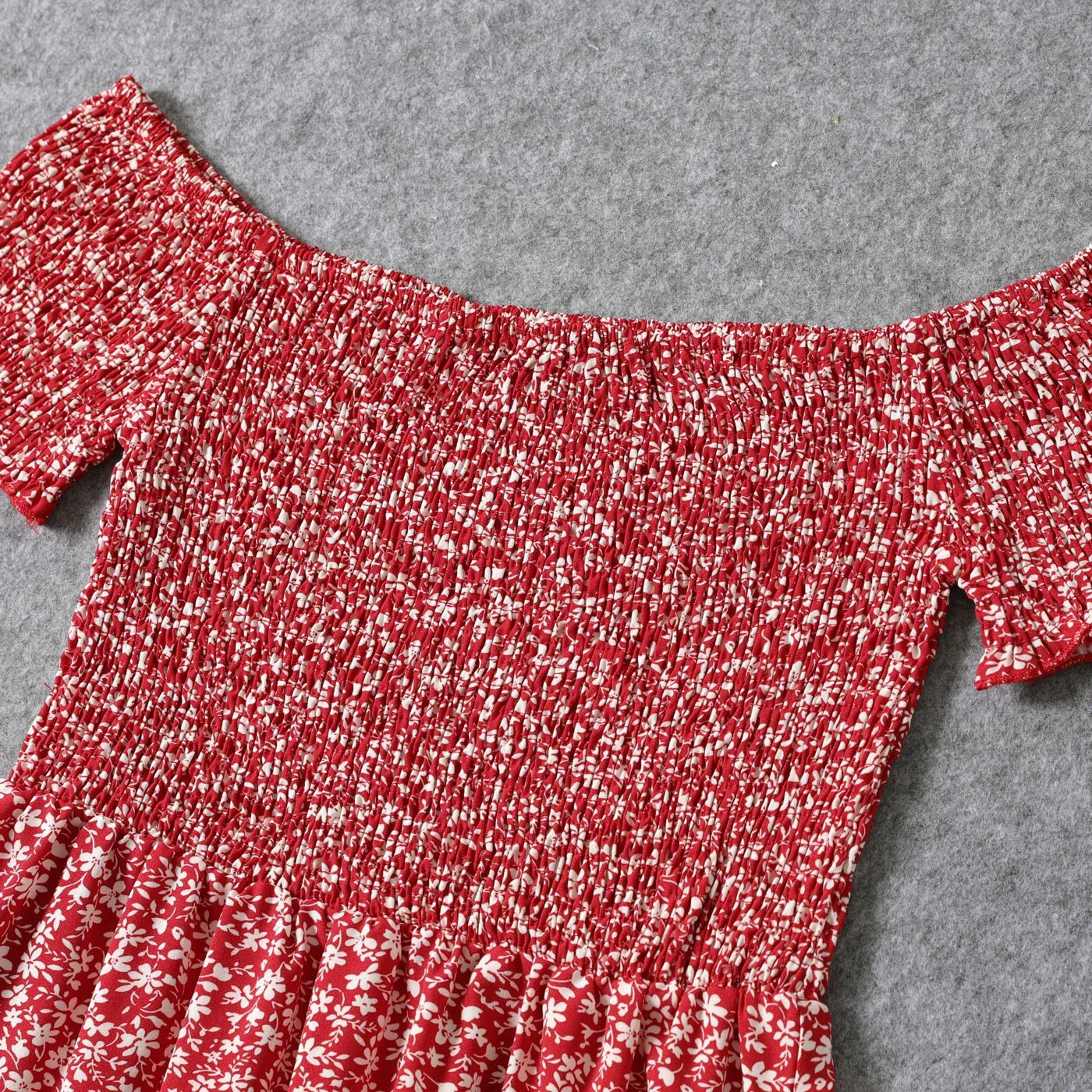Girls' red floral off-shoulder shirred dress, perfect for summer matching outfits