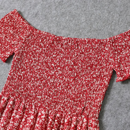 Girls' red floral off-shoulder shirred dress, perfect for summer matching outfits