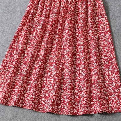 Women's casual red floral off-shoulder knee-length shirred dress for warm weather