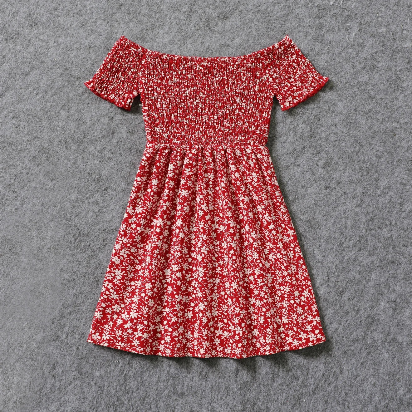 Mom and me red floral off-shoulder shirred dresses, ideal for summer family photos