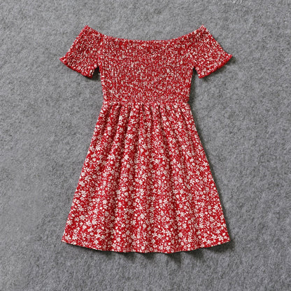 Mom and me red floral off-shoulder shirred dresses, ideal for summer family photos