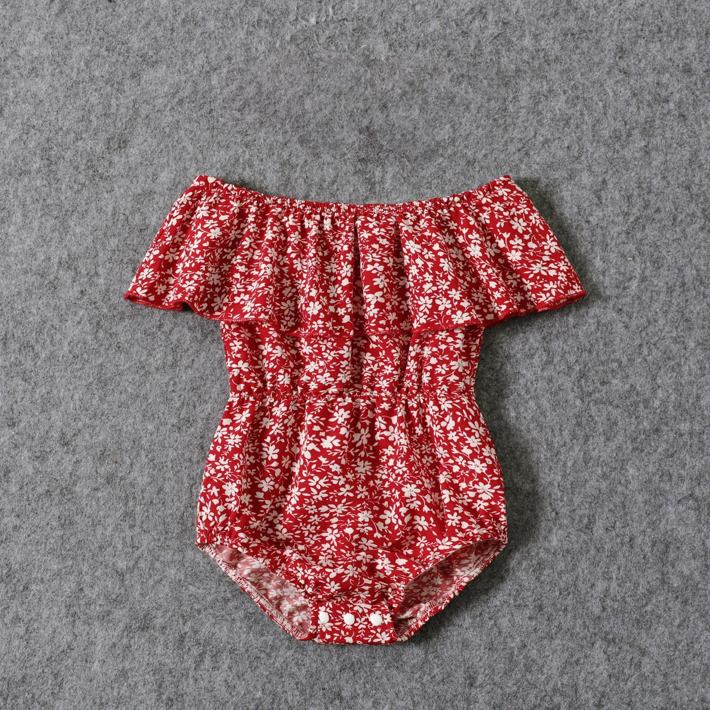 Baby girl red floral off-shoulder shirred dress, a sweet and stylish matching outfit