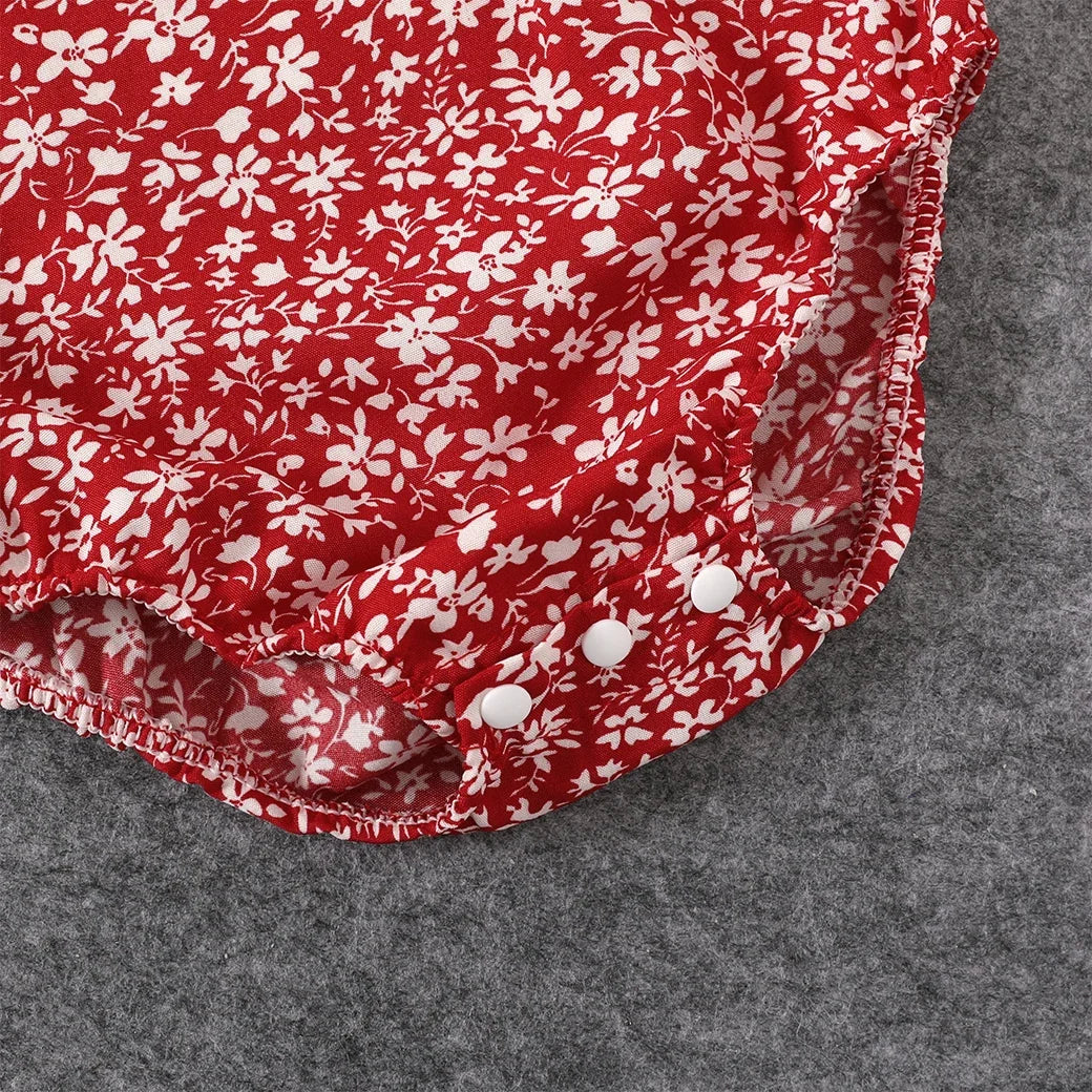 Knee-length red floral off-shoulder shirred dress, a popular summer casual style