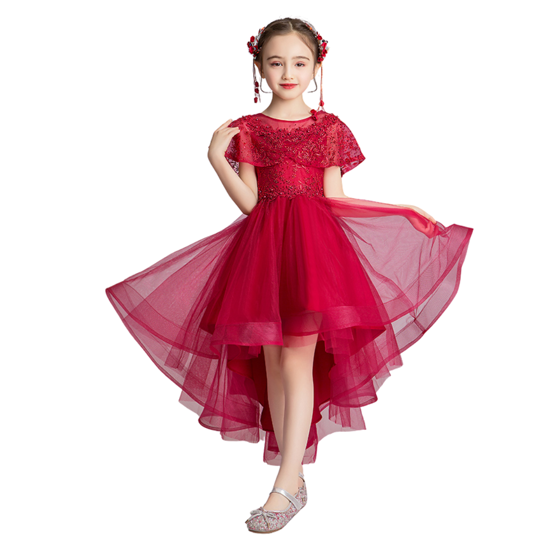 Red flower girl beaded tulle princess dress with floral appliques for special occasions