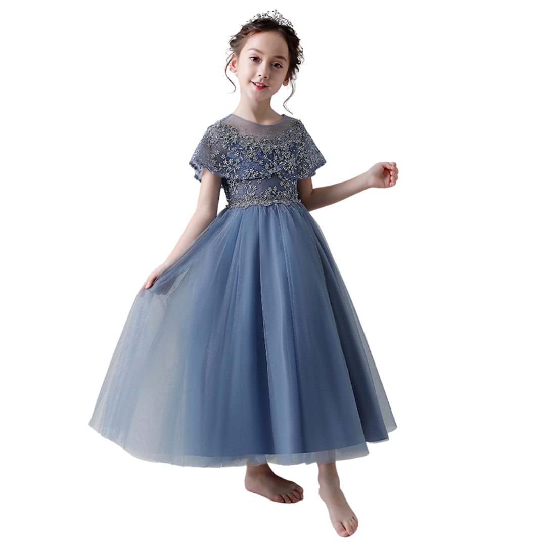 Blue beaded tulle gown for girls, elegant floral princess dress for formal events