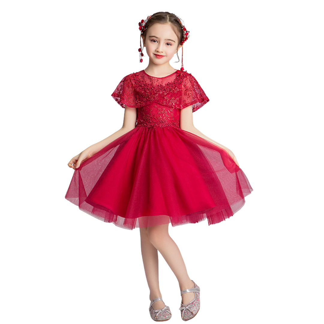 Champagne girls' beaded tulle flower princess dress, perfect for weddings & parties
