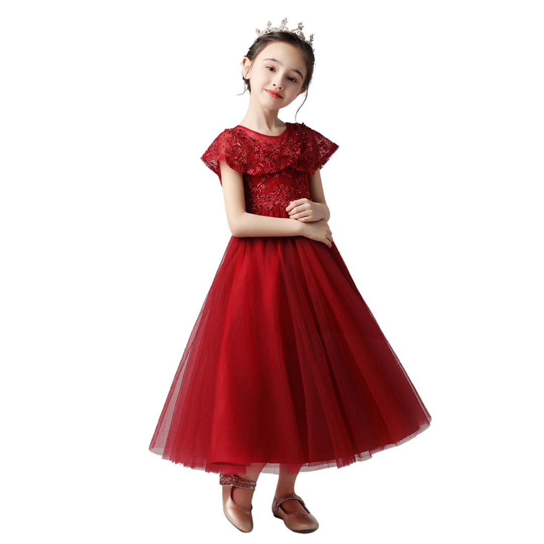 Pink formal girls' princess dress with intricate beading and flowing tulle skirt