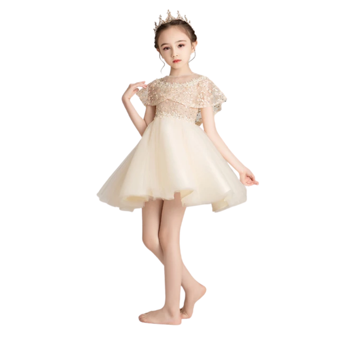 Blue kids' formal beaded tulle gown with delicate flower detail, ideal for events