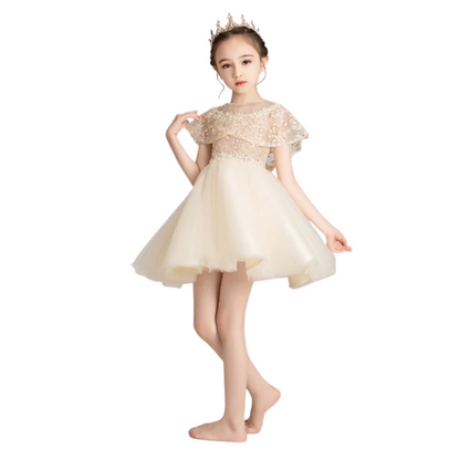 Blue kids' formal beaded tulle gown with delicate flower detail, ideal for events