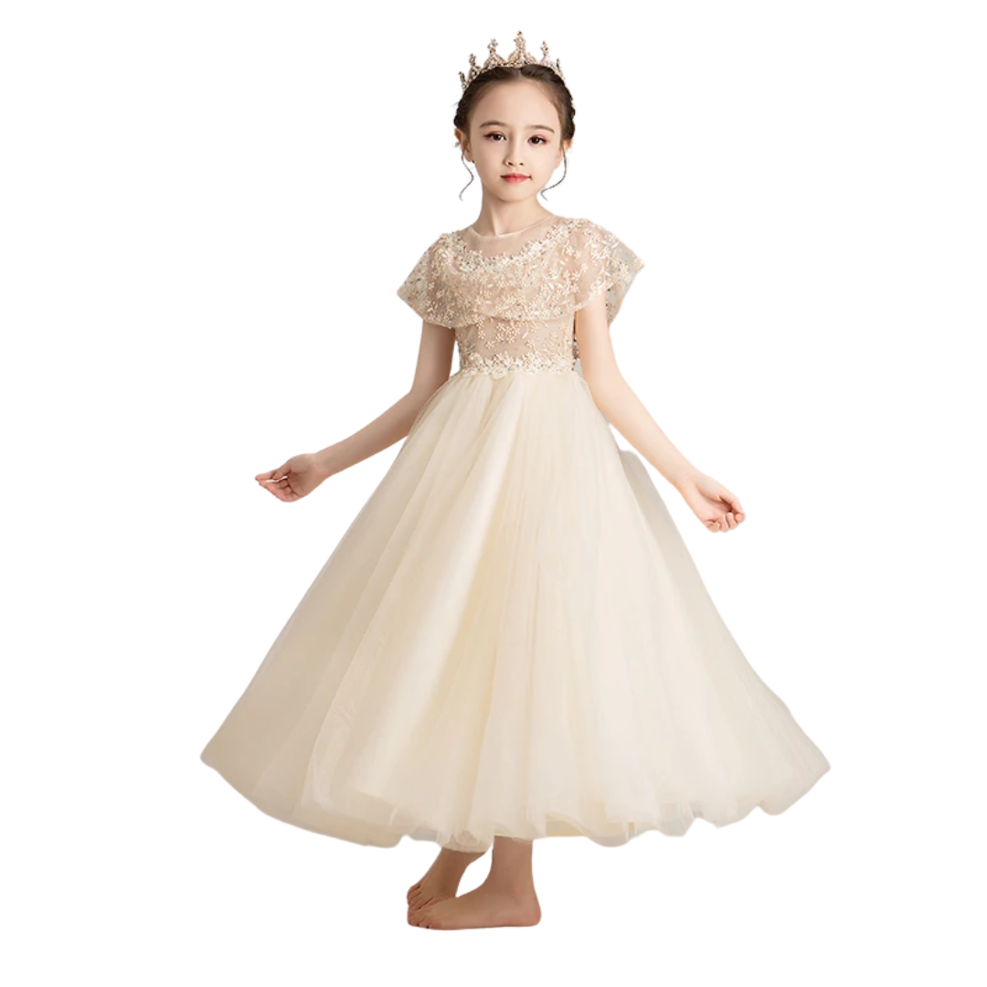 Close-up of beading and floral accents on a red flower girl tulle princess dress