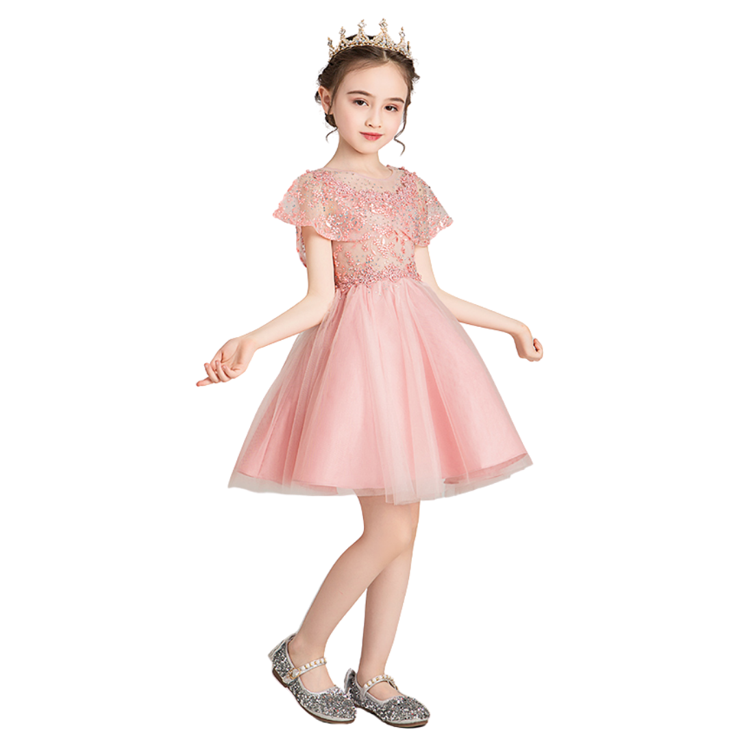 Side profile of a young girl wearing a pink beaded tulle flower princess dress