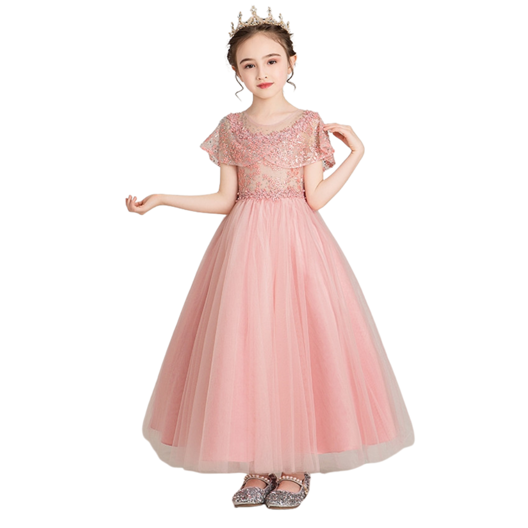 Full-length shot of a blue girls' wedding guest dress, beaded tulle for special occasion