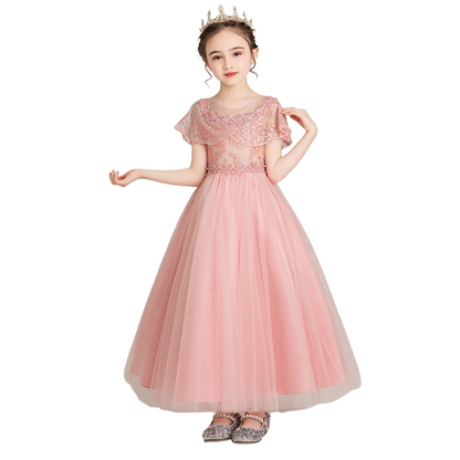 Full-length shot of a blue girls' wedding guest dress, beaded tulle for special occasion