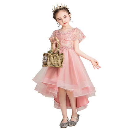 Girls' formal red dress with beaded bodice and layered tulle skirt, princess style